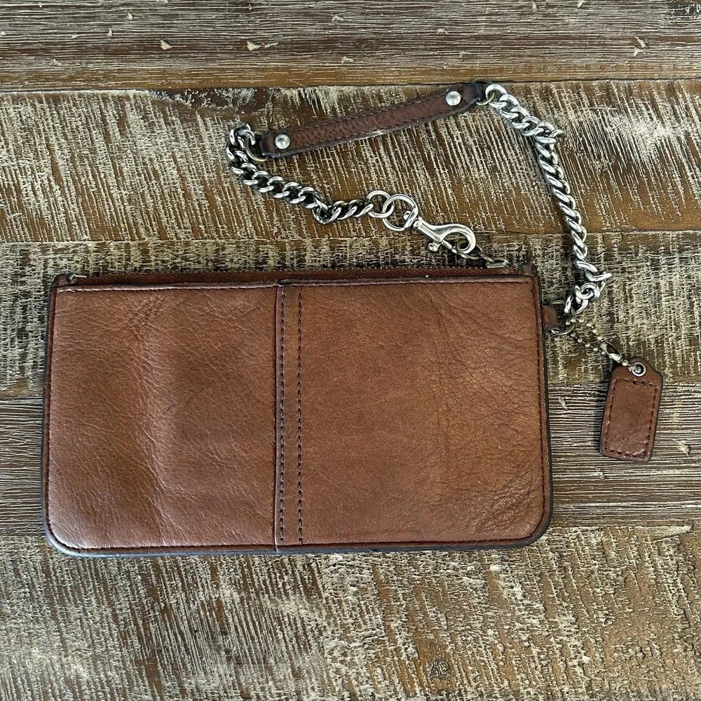 VTG Coach Madison Collection Chain Wristlet Y2k Leather Brown Logo Zip Money 90s